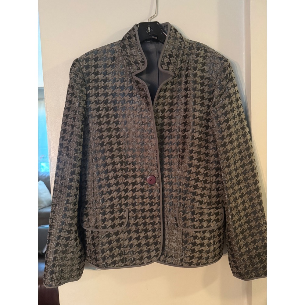 Linda Allard Ellen Tracy Gray Houndstooth Blazer Jacket Petite 14 Stand Collar